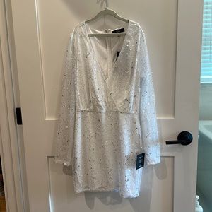 Lulus Noticeable Shine White Sequin Beaded Long Sleeve Mini Dress